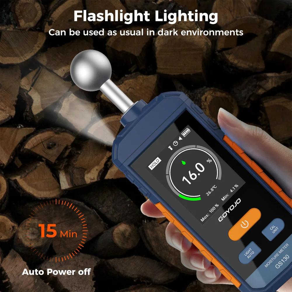 

Wood Moisture Tester with Ball Probe, 5~40mm Deep 3s Fast Scan & LCD 0–100% with ±0.25% Precision For Construction Material