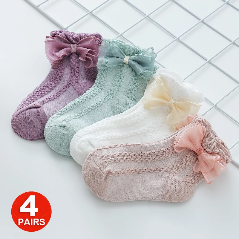 

4 Pairs Baby Girls Cotton Short Socks Set Kids Child Princess Bow Ankle Socks Dance School Wedding Sock Spring Summer