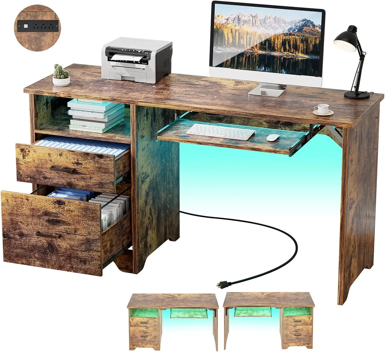 Office Desk With File Cabinet, 55 Inch Reversible Computer Desk With Smart Led Light And Power Outlet, Sturdy Gaming Desk With