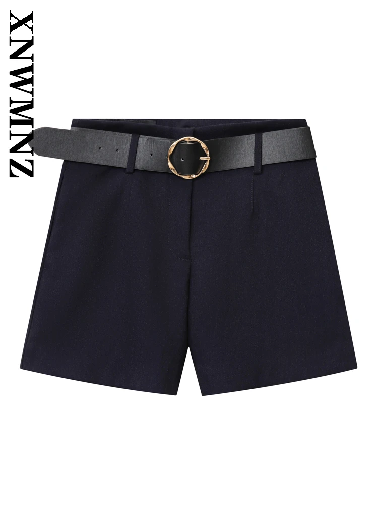 

XNWMNZ 2025 летняя новая женская одежда, простые шикарные модные женские брюки с высокой талией, черные повседневные короткие брюки с поясом