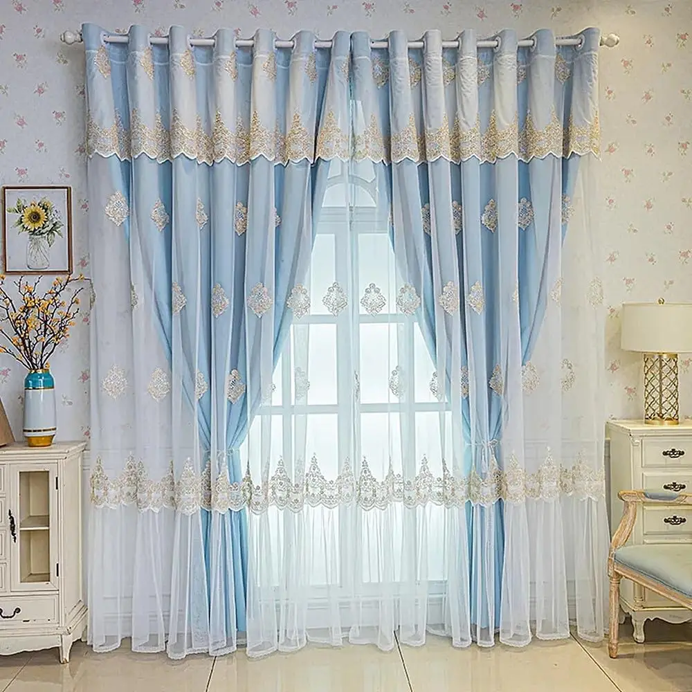 1 Panel 132cm Width Double Layer Curtain with Valance for Girls Room Living Room Luxury European Embroidered Curtain