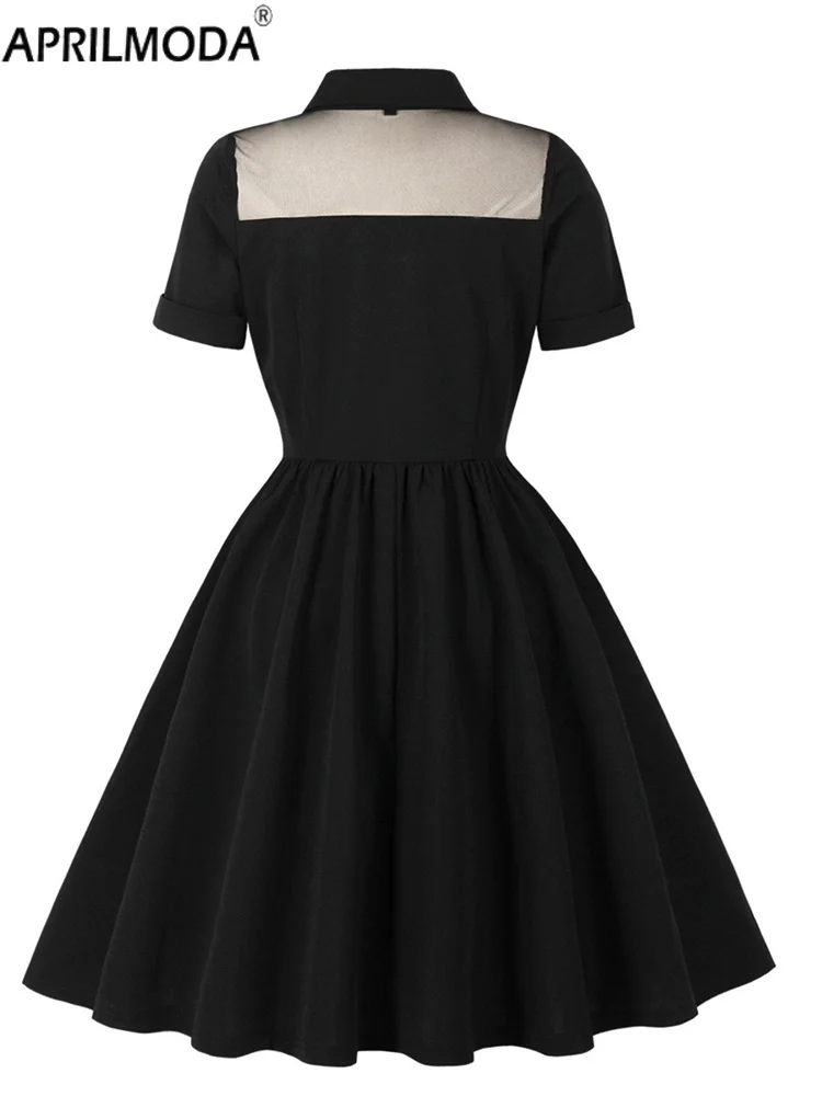 Przezroczysta Czarna Gotycka Krótka Letnia Koszula Elegancka Sukienka Damska Kołnierzyk Patchworkowa Siateczka Lata 50 Retro Vintage Sukienka na Imprezę