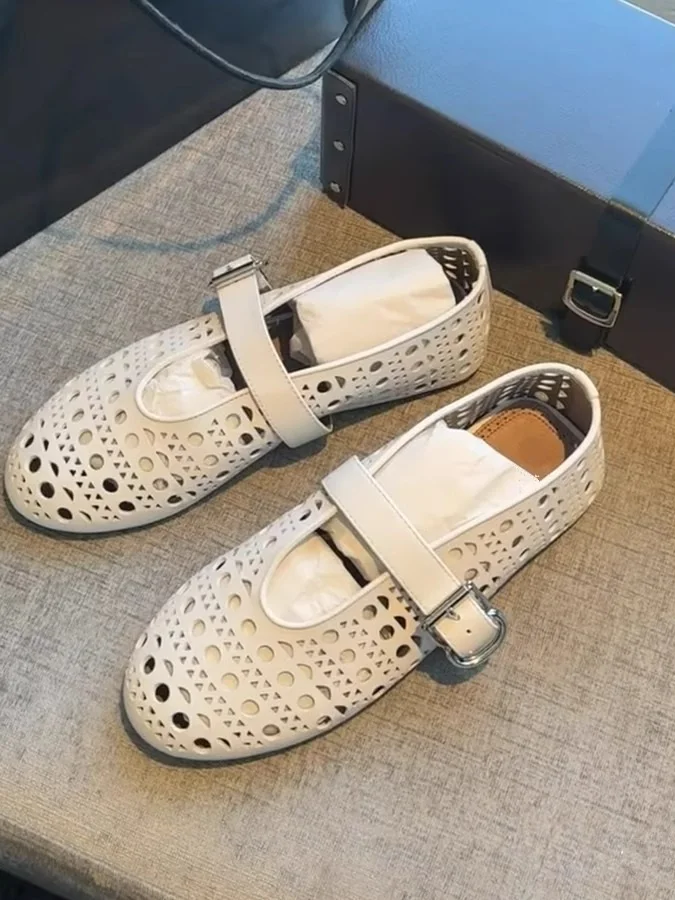 

Женские кожаные балетки Мэри Джейн с вырезами, круглым носком, на низком каблуке, с резиновой подошвой, повседневные, без застежек