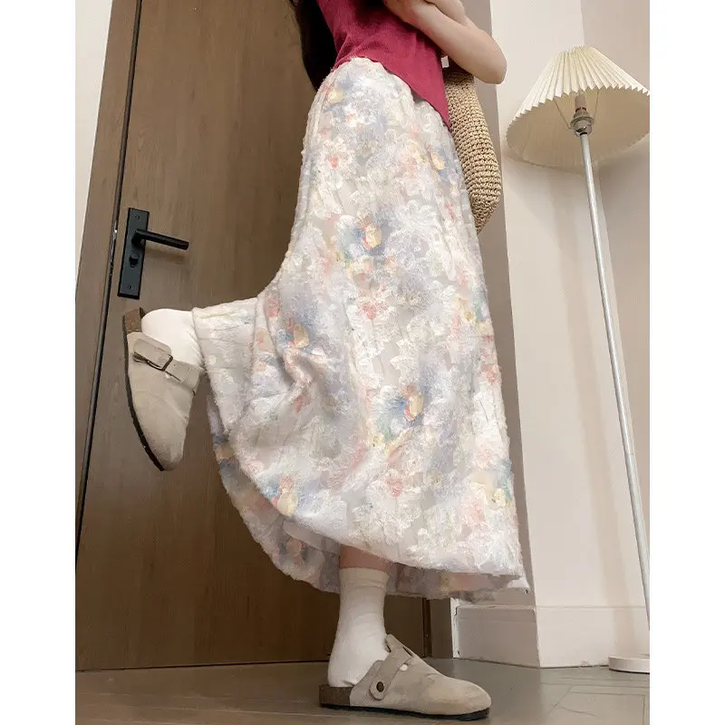 Women's Spring High-Waisted A-Line Floral Bubble Skirt, French Vacation-Style Colorful Midi Skirt