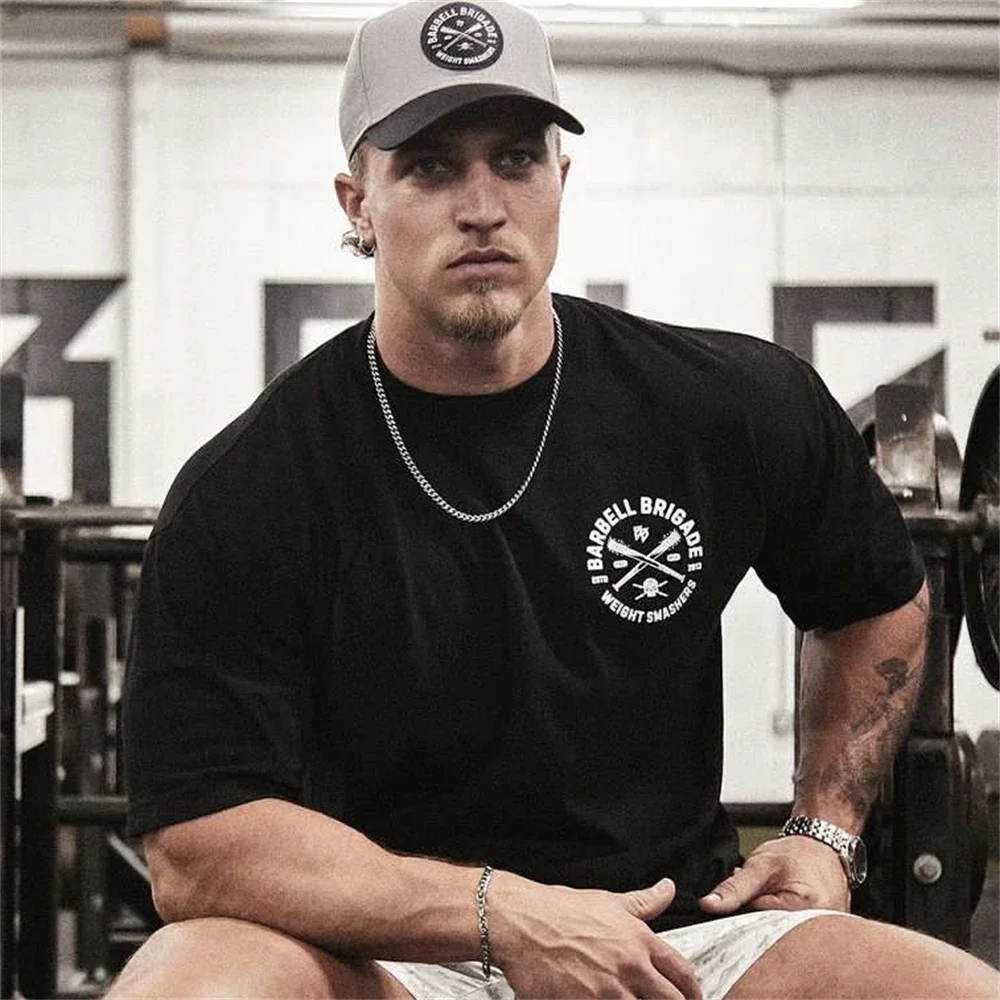 Barbell Skull T-shirt Men Running Sport Breathable Short Tee Shirt Male Gym Fitness Bodybuilding Workout Black Tops Men Clothing