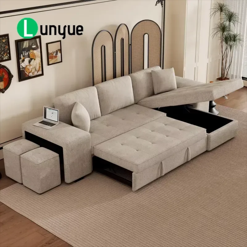 Modern Cream L Shape Sectional Sofa 3 Seat with 2 Stools Pull Out Sleeper Reversible Chaise Lounge Storage Couch for Living
