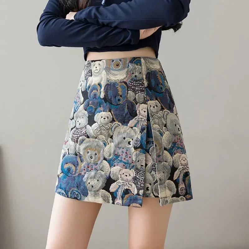 Bear Embroidered Split Mini Skirt Women 2023 New High-waisted Hip A-line Short Y2k Skirt Medieval Skirt Female