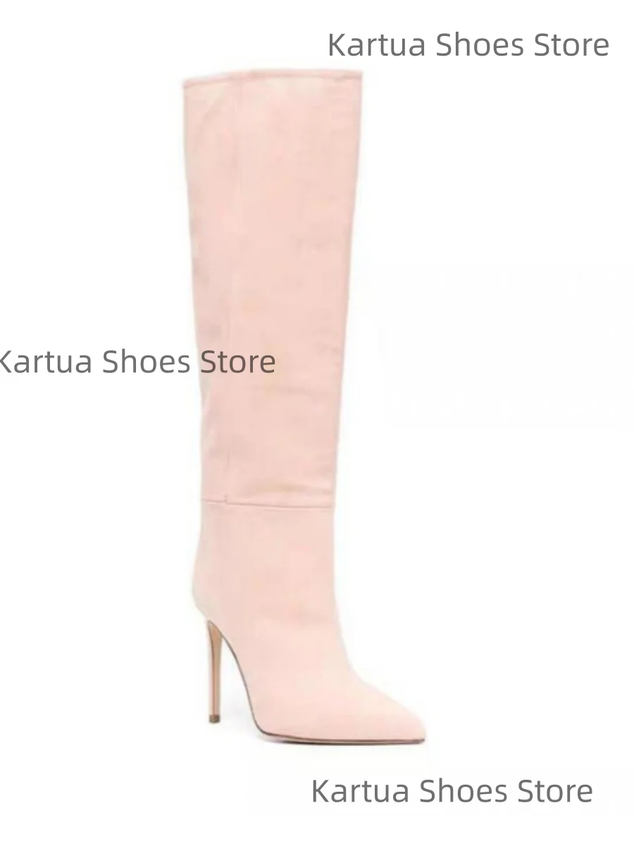 

Новые женские замшевые сапоги до колена с острым носком на шпильке без шнуровки, простые элегантные женские сапоги до середины икры в стиле ретро, большие размеры