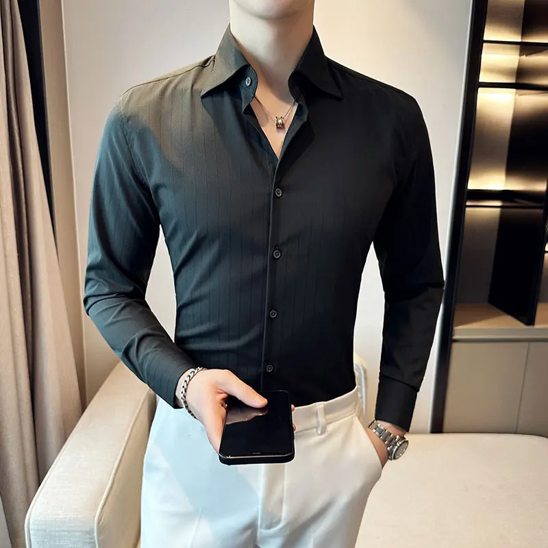 High Quality Men Dark Striped Shirts 2026 New Fashion Long Sleeved Slim Fit Business Casual Shirt Tuxedo Solid Men Clothing