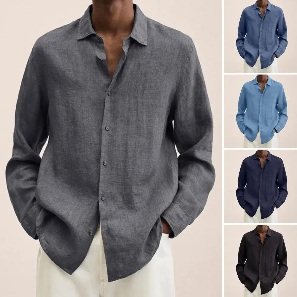 Casual Long Sleeve Shirt Men Solid Loose Button Cardigan Fashion Turn-down Collar Cotton Linen Shirts for Mens Camisa Masculina