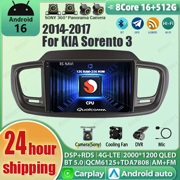 Android 16 For Kia Sorento 3 2014-2017 LHD 2K QLED Stereo Car Radio Multimedia Video Player GPS AI Voice CarPlay 4G Head Unit BT