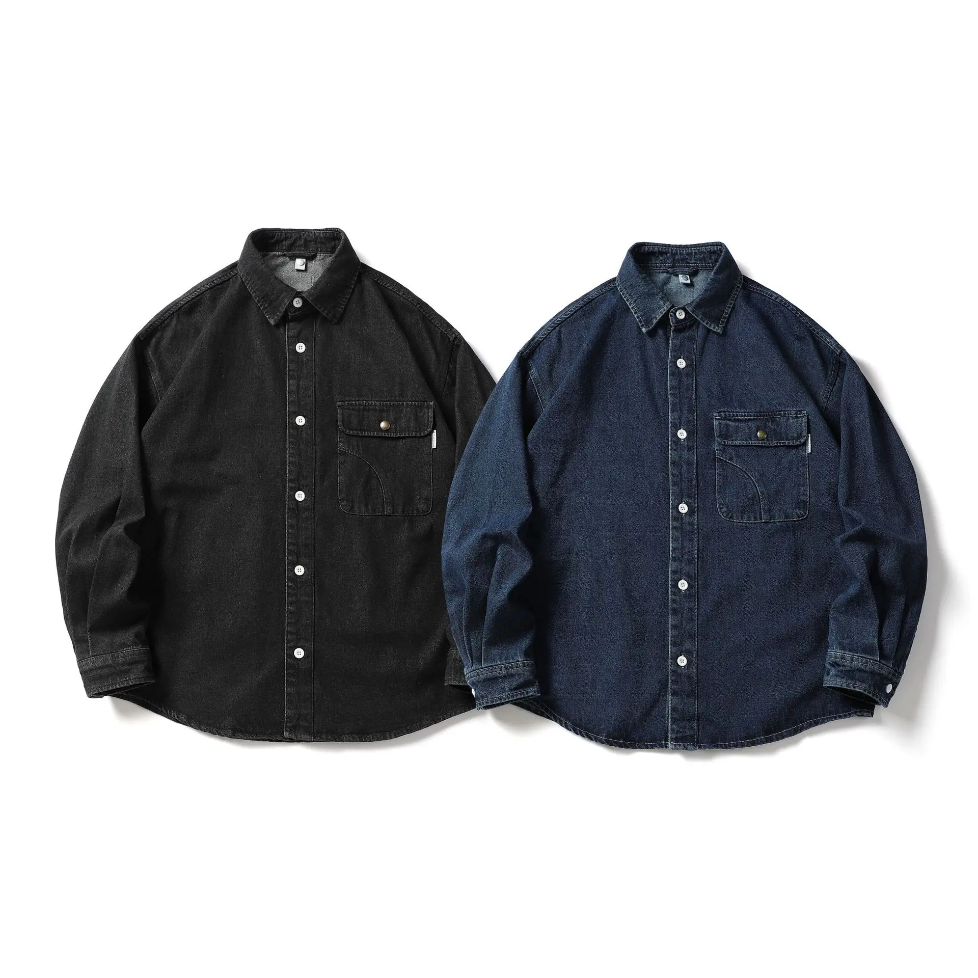 

Ретро-японская джинсовая рубашка с длинным рукавом, простая, универсальная, на все сезоны, повседневная верхняя одежда для пар, из шелкового хлопка