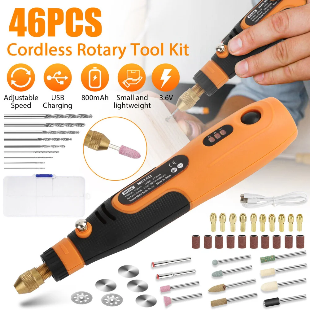 46pcs Cordless Rotary Tools Kit 3-Speed Battery Powered Rotary Tool For DIY Sanding Polishing Drilling Etching Engraving