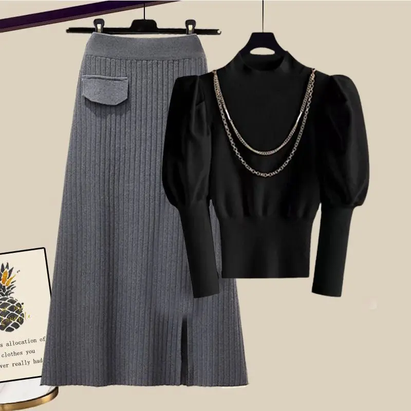 Oversized Women's Autumn and Winter Set 2023 New Korean Fashion Shirt Waistband Slim Knitted Half Skirt Two Piece Set