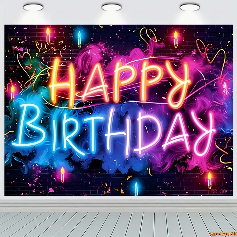 

Happy Birthday Backdrop Neon Glow Party Brick Wall Splatter Graffiti Photography Background Banner Photo Shoot Decor Props RR-03