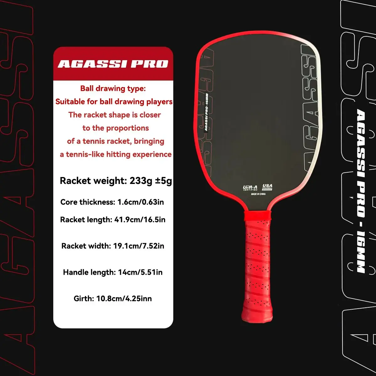 Agassi Pro IV 16mm Pickleball Paddle GEN 4 TFP Foam Core T700 Carbon Fiber Pickleball Rackets Increases Spin & Control