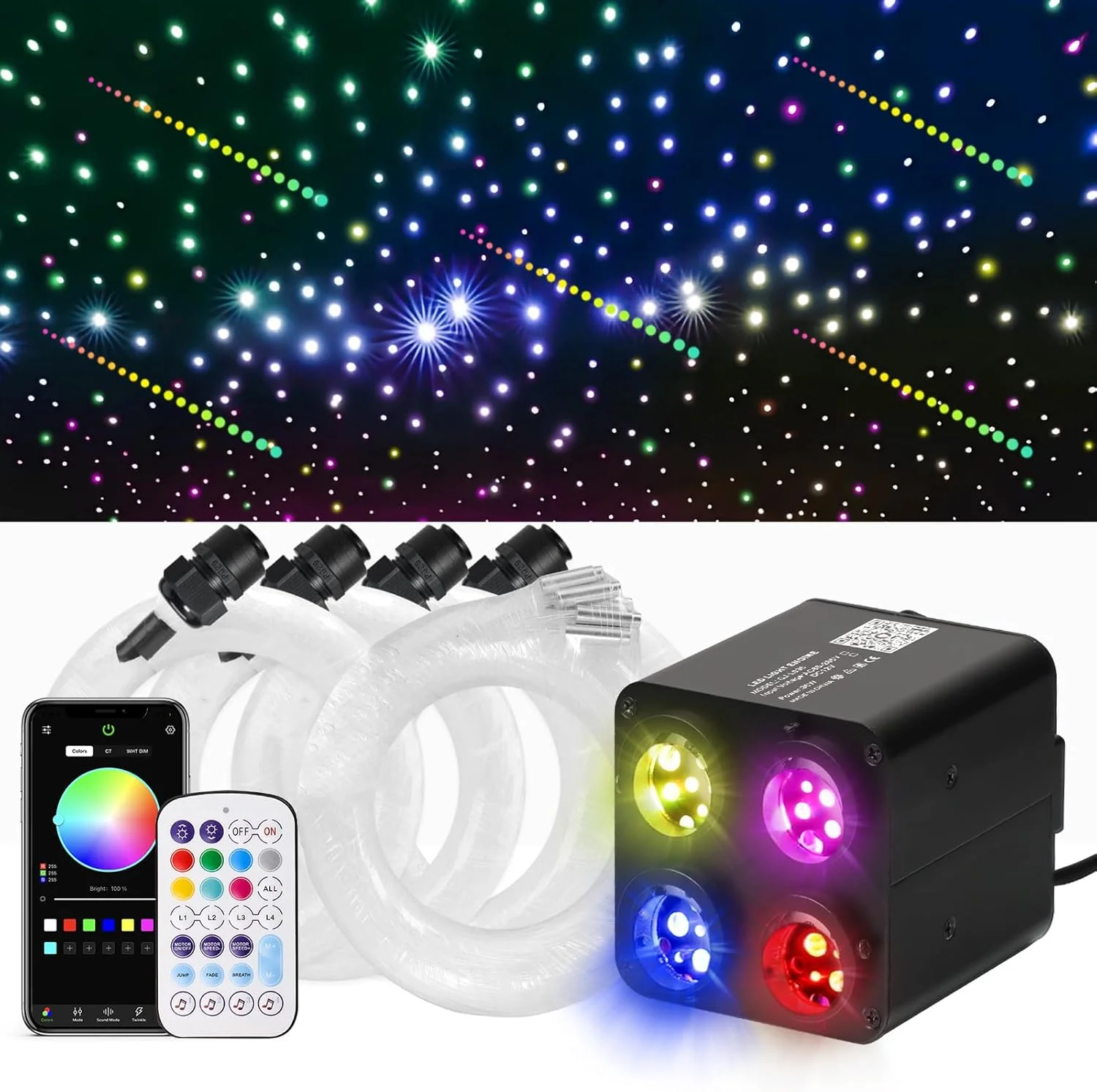 4Port 36W Twinkle RGBW Meteor Fibre Optic Star Light Ceiling 850pc 075 Fiber Optic For Car Home APP&RF Remote Car Star Sky Roof