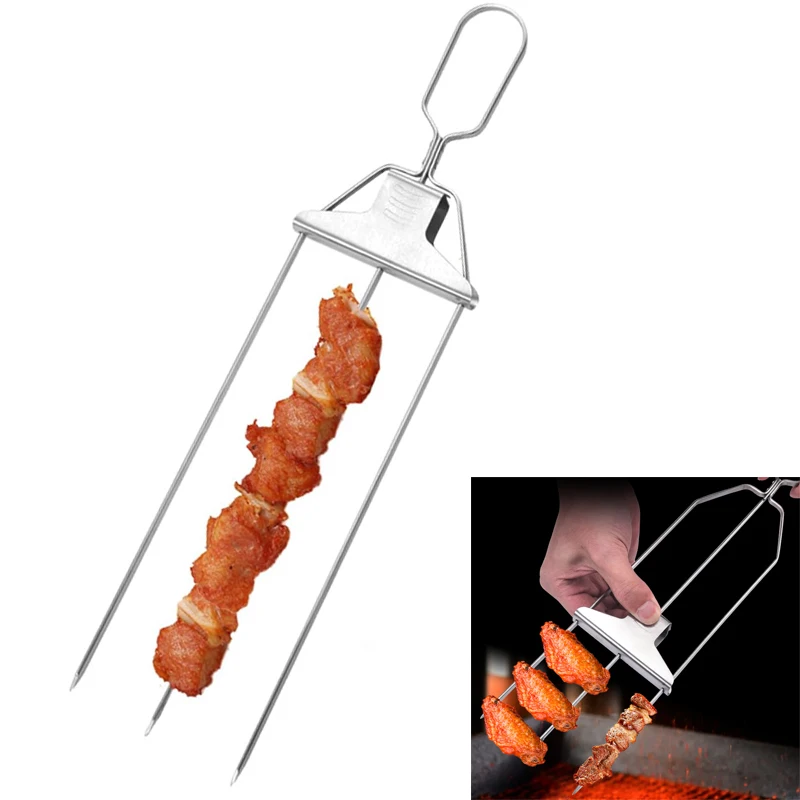 3 Way Grill Skewers For Kabobs Stainless Steel Grilling Sticks With Push Bar 3-Prong Metal Skewer BBQ Stick Kebab Tools