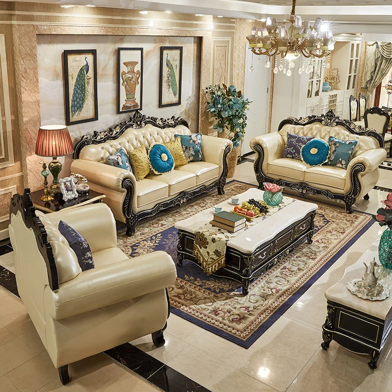European leather sofa, first layer cowhide combination living room luxury ebony size apartment solid wood carving flower