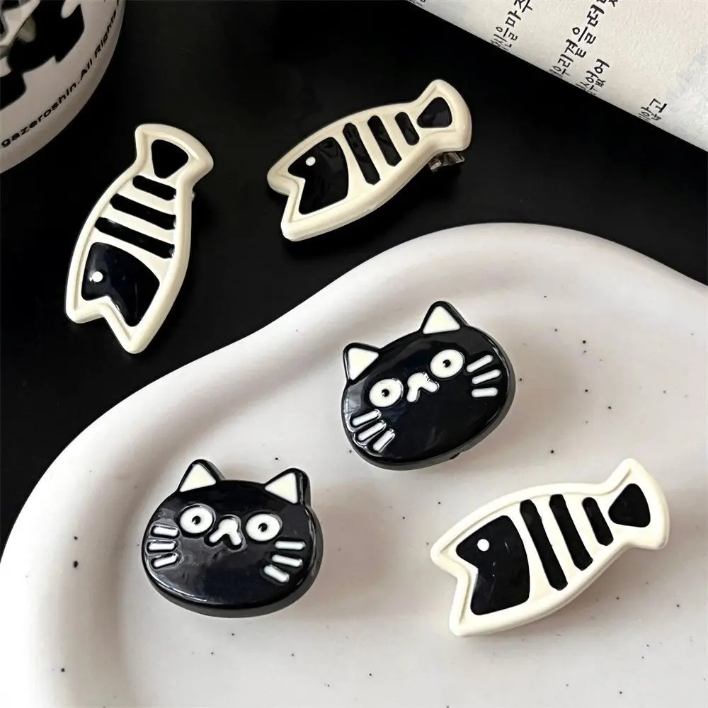 Cute Cartoon Cat Fish Hair Clip Black White Resin Headwear Girls Hair Accessories Hair Side Clip