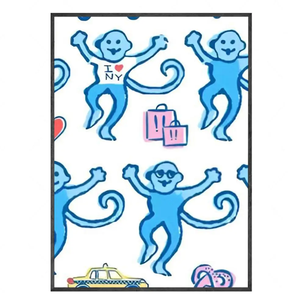 Preppy Blue Monkeys Pattern Tempered Painting Calligraphy Poster Print Modern Decor Room Home Decor Canvas Art Pictures Home For