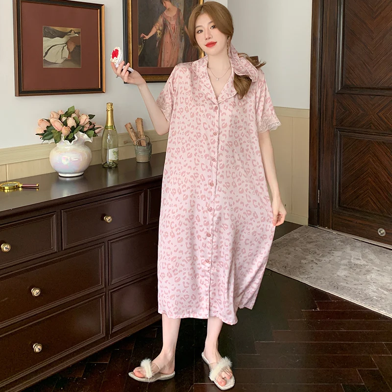 Pink Leopard Lace Flower Side Women\'s Nightdress 2024 New Simulated Silk Y2k Sleepskirt Short Sleeve Long Lady Summer Sleepdress