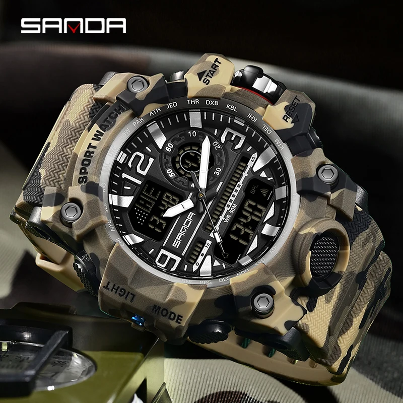 SANDA Men Sports LED Digital Watches Dual Display Analog Quartz Wristwatches Waterproof Camouflage Military Army Timing Watch