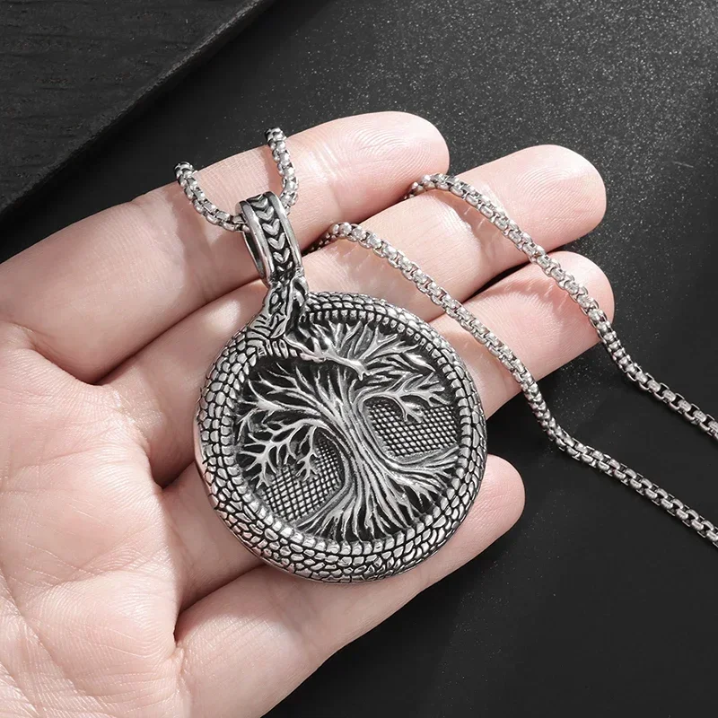 Retro Domineering Ouroboros Wrapped Around The Tree of Life Pendant Necklace Men\'s Personalized Punk Cool Casual Jewelry Gift