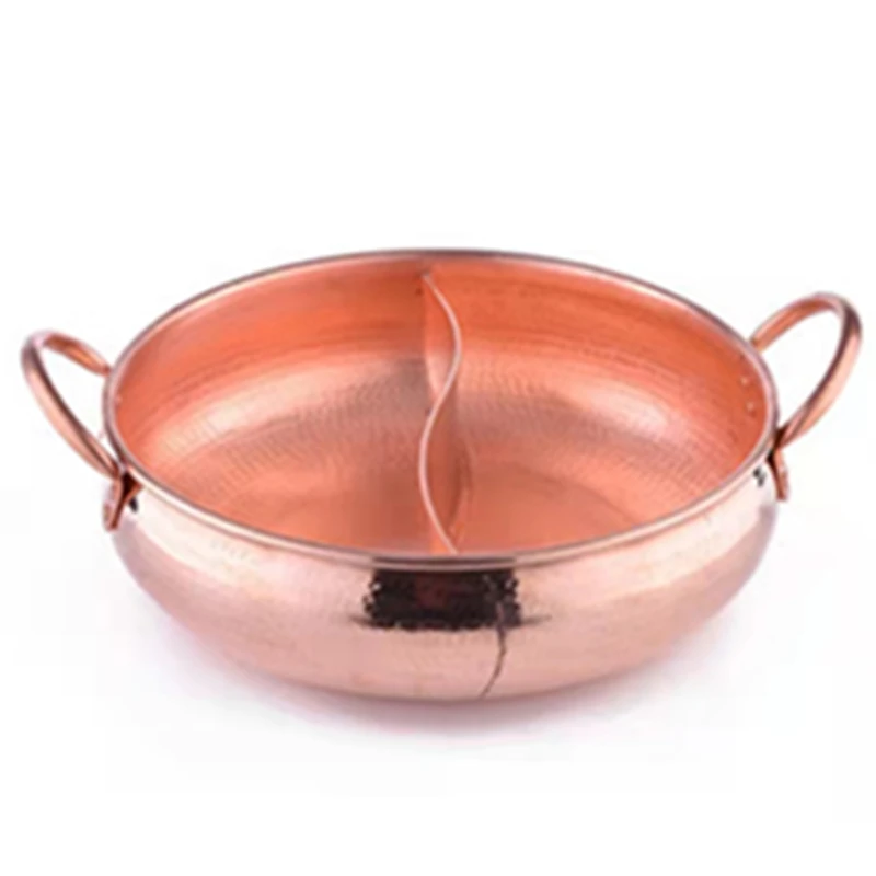 Handcrafted Thickened Copper Hot Pot Dual Cooking Zones Induction Compatible Kitchenware Set Practical Soup Pots for Modern Home