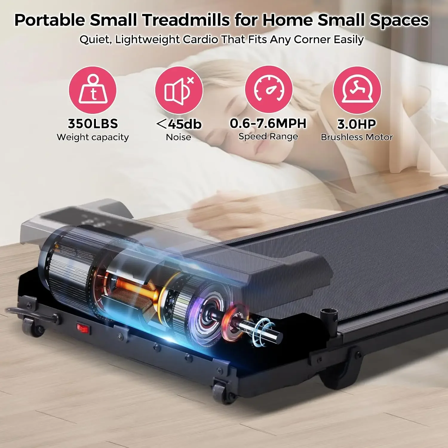 Portable Walking Pad Treadmill for Home, Treadmills with Handles | 3.0HP Compact Walking Pad Treadmill with Handle Bar, 0.6-7.6M