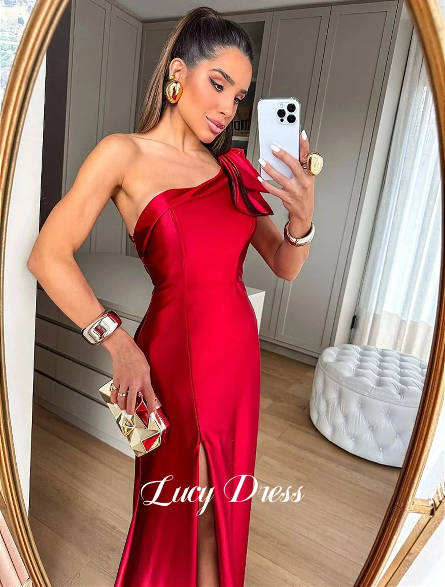 Lucy Red Wedding Party One Shoulder Sleeve Bridesmaid Dress Mermaid Satin Graduation Gown Elegant Evening Dresses 2024 Prom