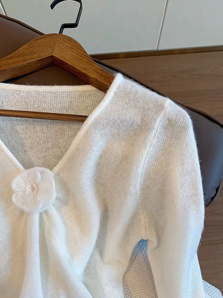 Ele Sweet 3D Flower V-Ne Long Sve suéter de punto ex primavera otoño versátil Top suave medio fino calidez