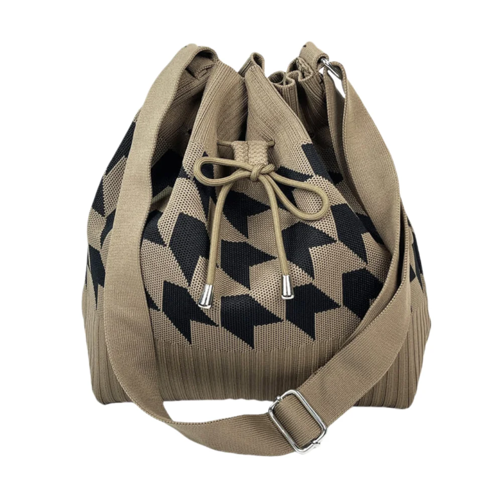 Bundle Pocket Houndstooth Bucket Bag Commute Soft Diamond Drawstring Bag Large Capacity Handbag Knitted Checked Shoulder Bag