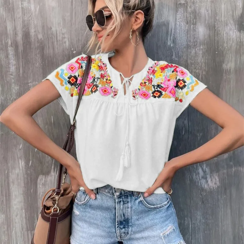 

Women's New Embroidered Tassel Shirts Fashion Elegant Summer New Short Sleeve Shirts For Women Blouses Clothing 2024 Streetwear