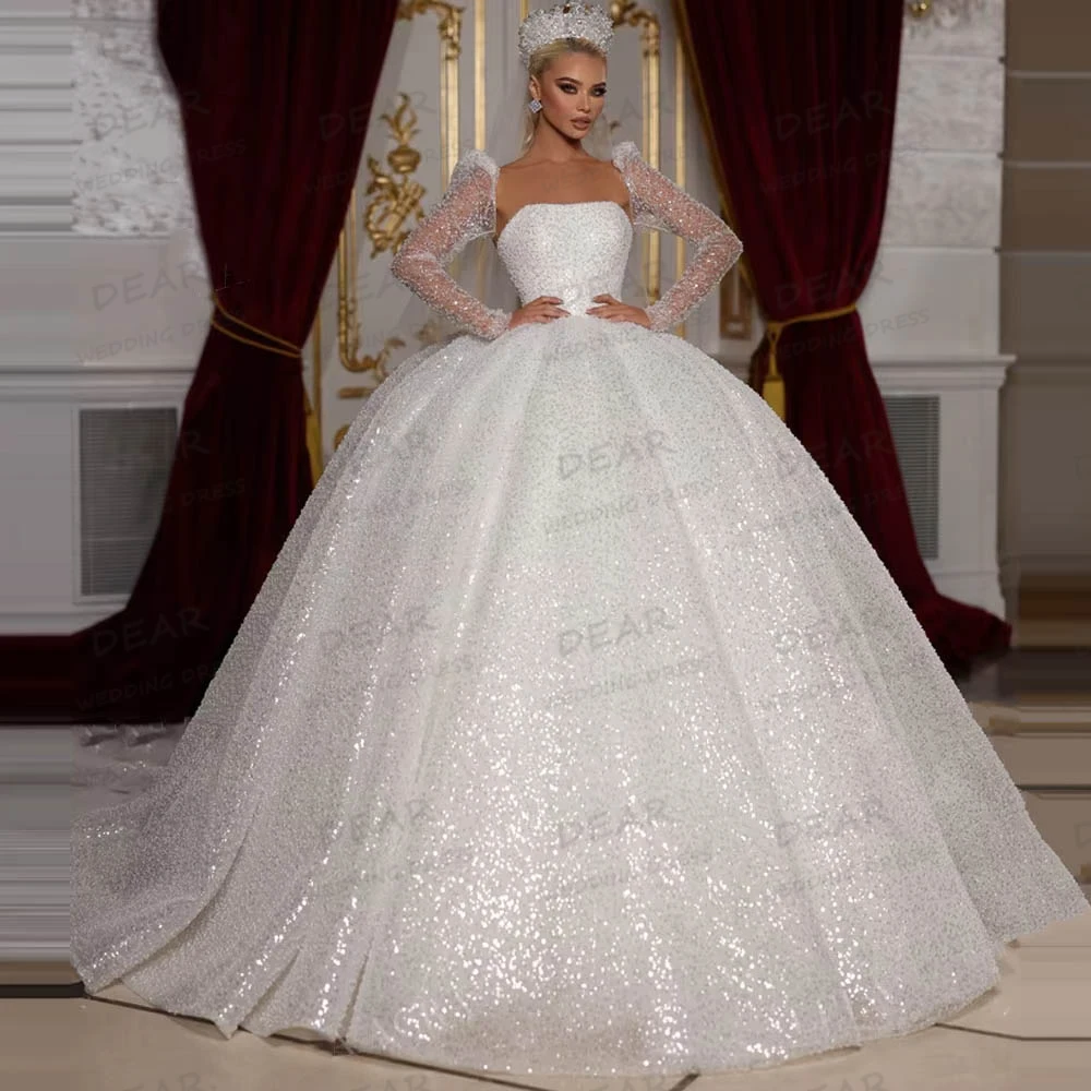 Exquisite Shiny Wedding Dresses Sexy Sequined A Line Women's Bridal Ball Gowns Long Sleeve Customized Vestidos De Novia Formal
