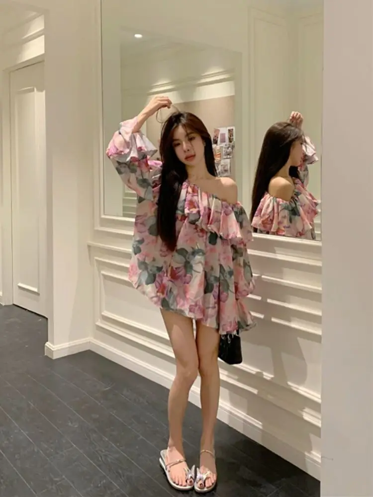 Women New French Floral Chiffon Shirt for Women Early Autumn Flap Sleeve Sun Protection One-shoulder Top