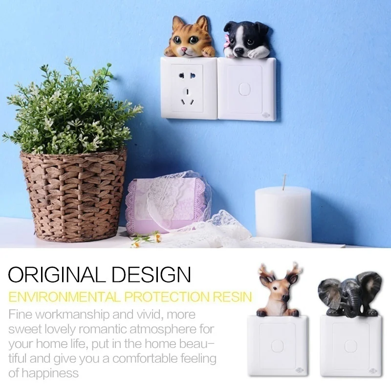 Resin Animal Wall Stickers Decals Home Decor Room Decoration Cartoon Dog Cat Reindeer Elephant Panda Switch Cover Plates