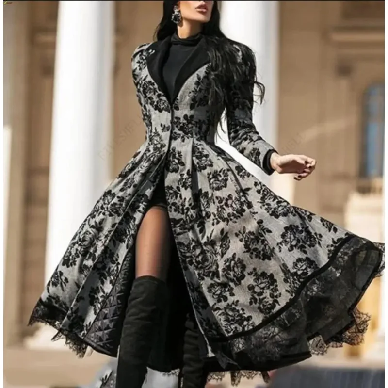 Vestido elegante de manga larga para mujer, abrigo de encaje, costura correcta, línea A, negro, gris, cosplay, elegante, otoño, invierno