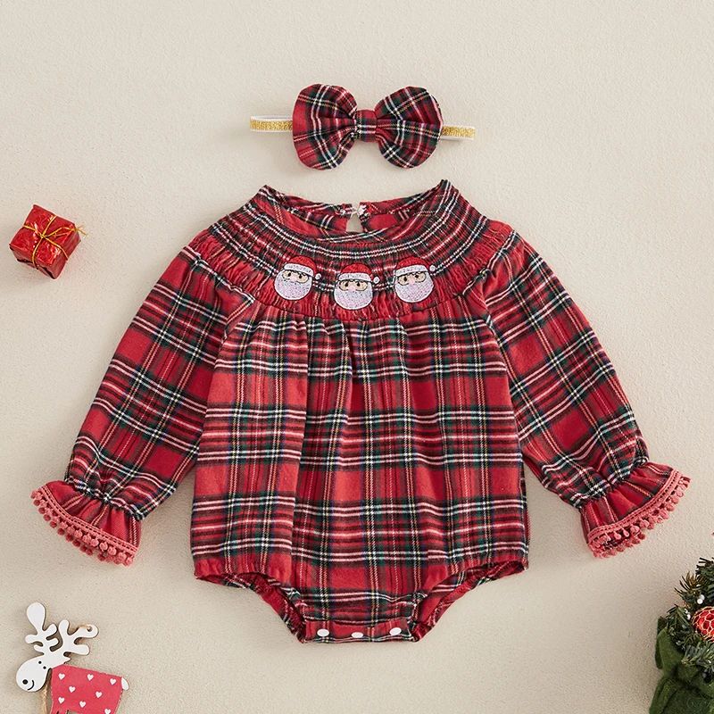 Infant Baby Girls Christmas Romper Santa/Tree Embroidered Plaid Long Sleeve Smocked Jumpsuits with Bow Headband Outfits