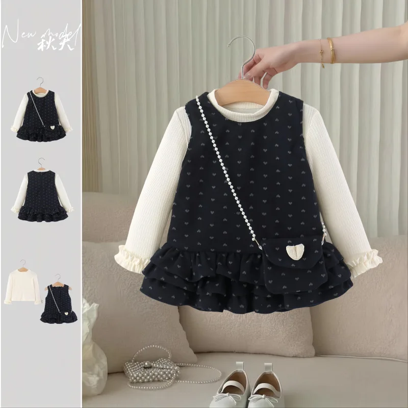 Girl Autumn Dress Sets 2026 New Fashion Kids O-Neck Long Sleeve Base Layer Polka Dot and Autumn Princess Dress two price sets