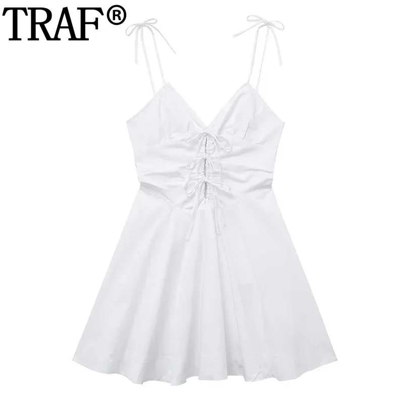 TRAF Tied Cut Out Mini Dress Woman Sleeveless Slip White Dress Women Ruched Backless Short Dresses Sexy Summer Party Dresses