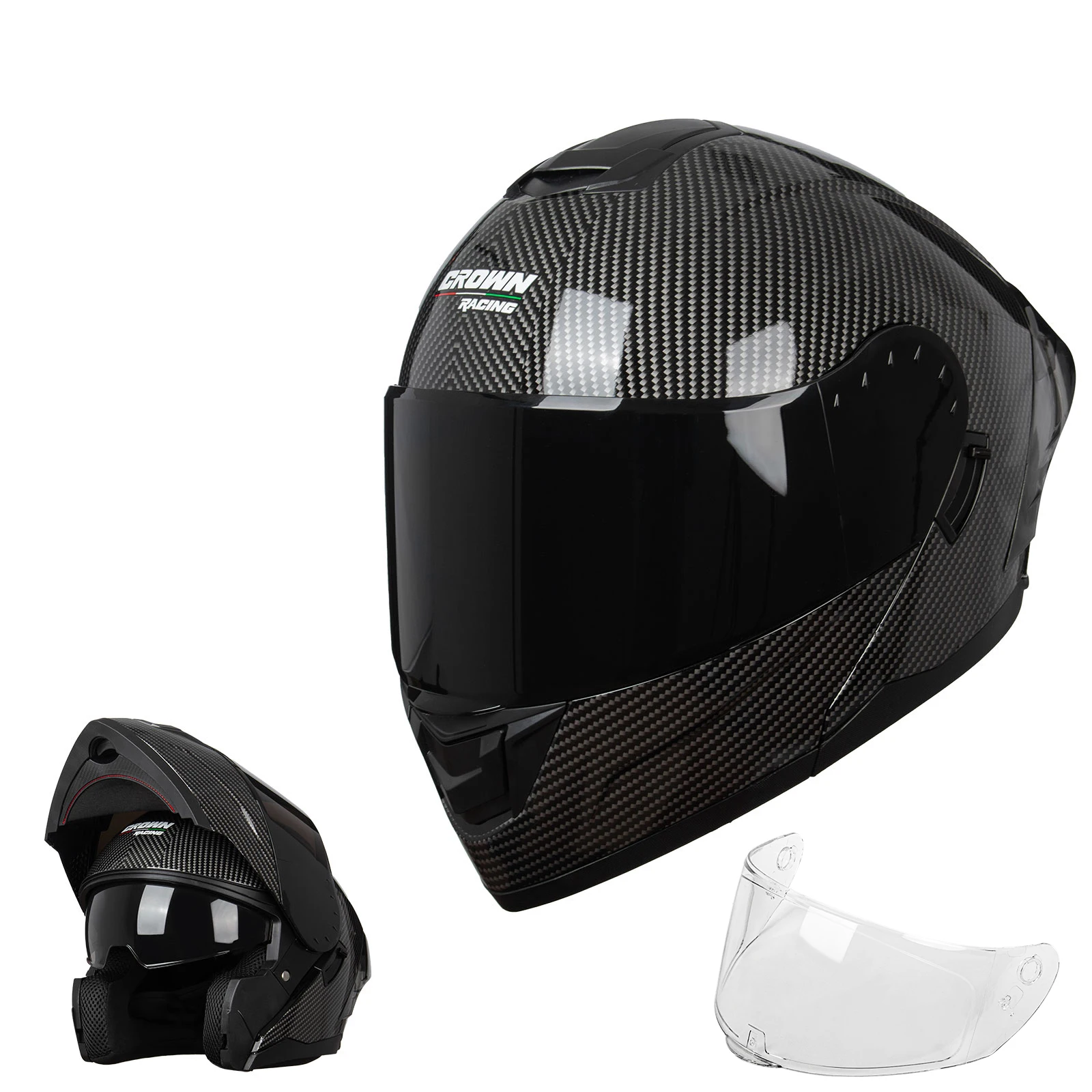 Crown Racing FL900 Modular Motorcycle Helmet, DOT Certified Flip-Up Full Face Helmet with Dual Visor and Extra Clear Shield, Adult Sizes Carbon Fiber Pattern
