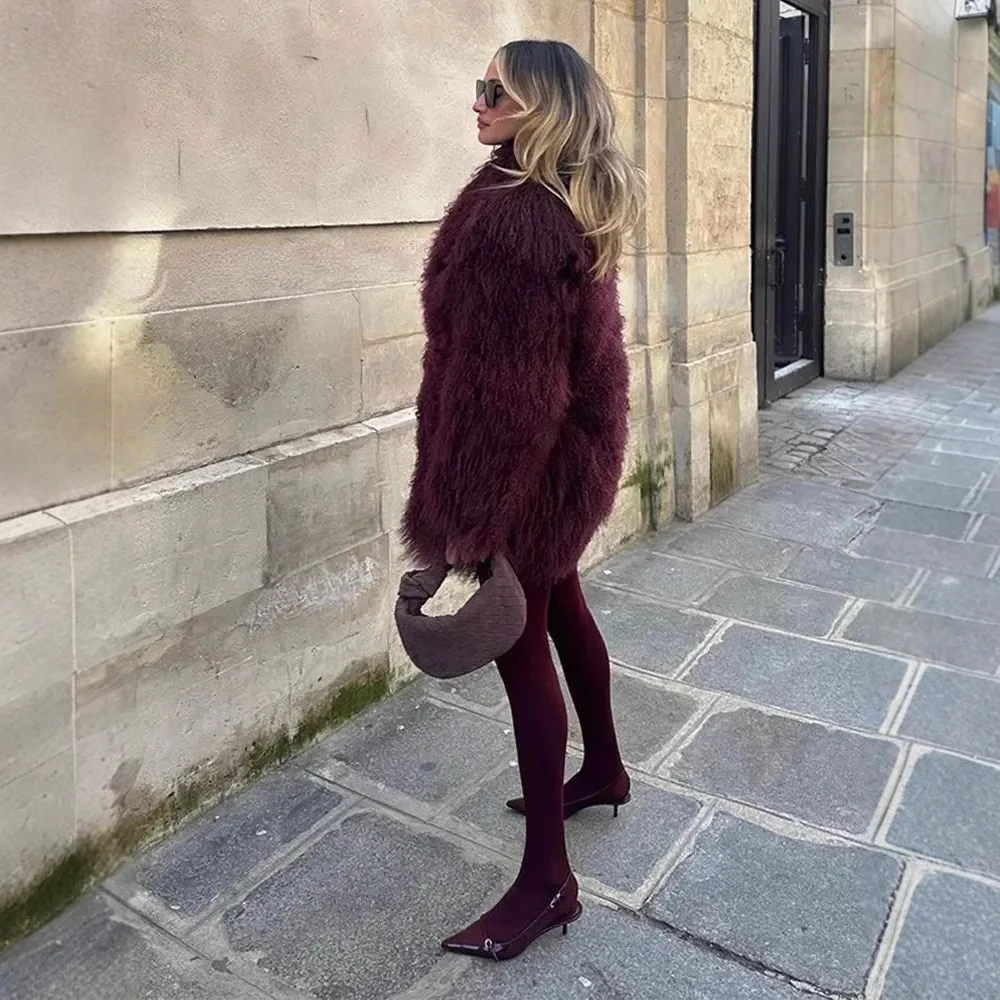 

Vinatge Burgundy Women Winter Eco Fur Coat Suit Collar Overzied Female Faux Fur Jacket Loose Fluffy Artificial Fur Coat For Lady