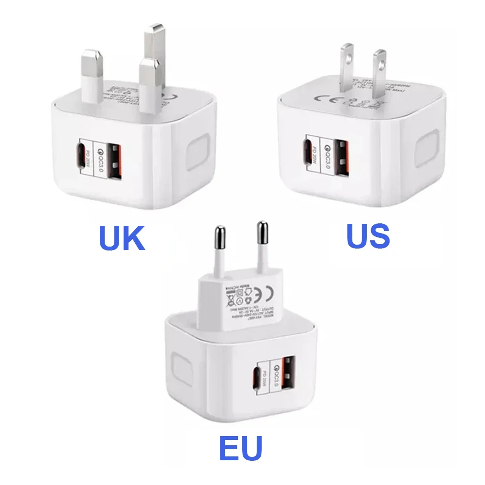 PD 20W Fast Charging Dual USB TypeC QC3.0 Quick Charge US EU UK Plugs Travel Wall Charger Power Adapter for IPhone 14 15 Samsung