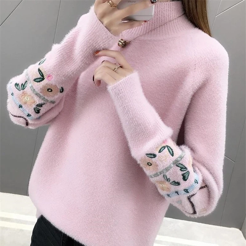 

2024 Woman Sweaters Autumn Winter Tops Turtleneck Sweater Women Slim Pullover Jumper Embroidery Knitted Sweater Pull Femme Hiver