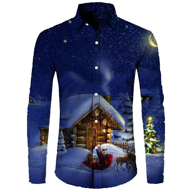 New Christmas Men's Flower 3D Snowflake Print Long Sleeve Shirt Fashion Lapel Men's Top Elegant Flower Top