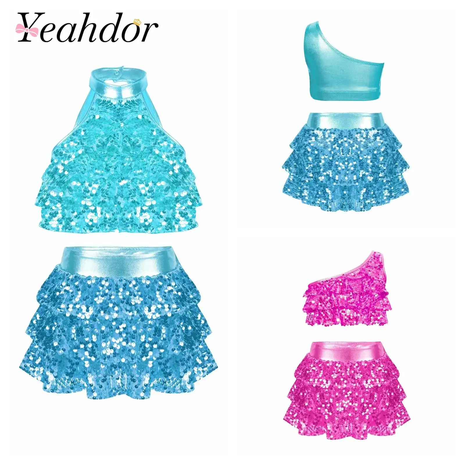 

Kids Girls Jazz Dance Outfit Shiny Sequins Tiered Metallic Crop Top with Skirted Shorts Children Carnival Costume Party Dress