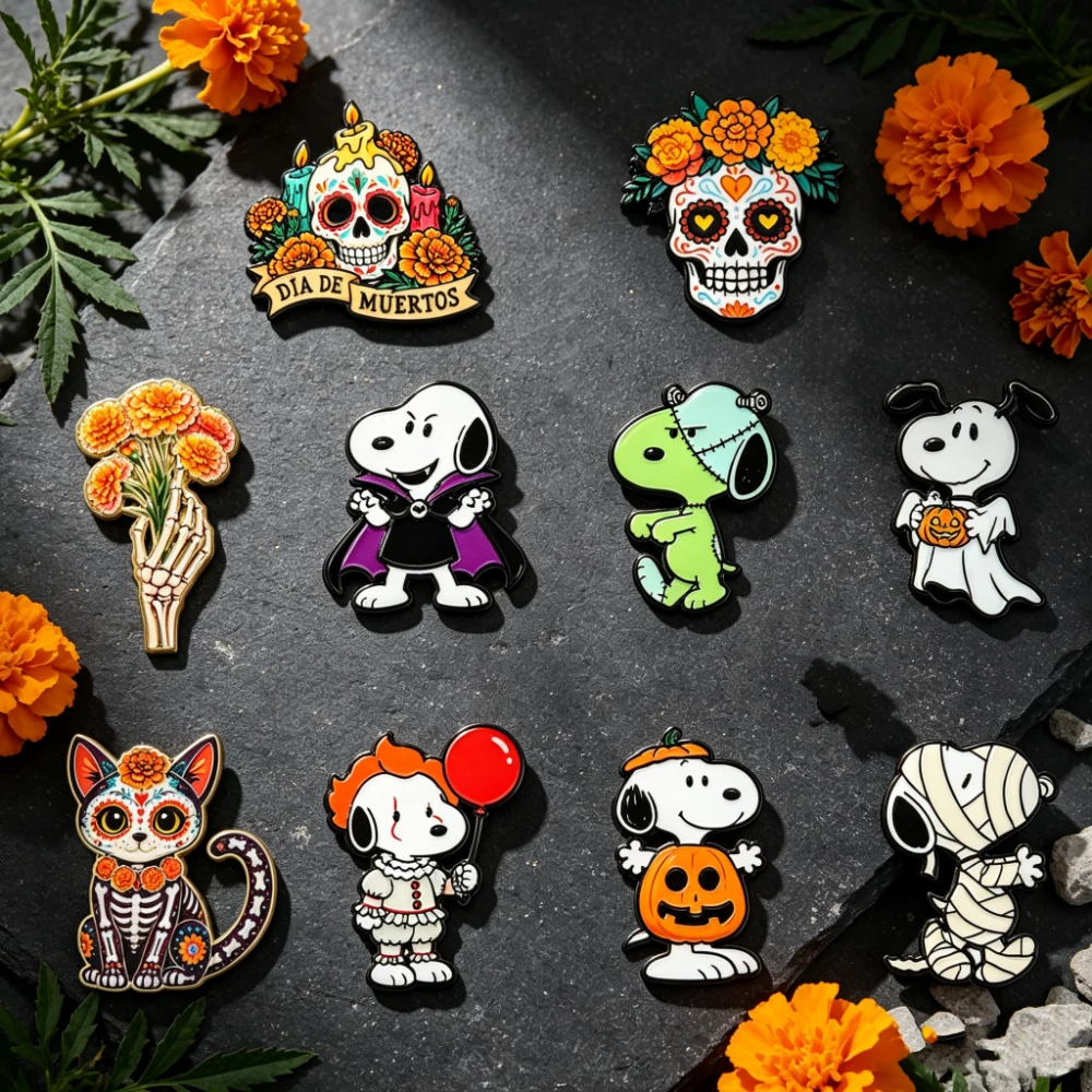 10 Stück Mexiko La Halloween Emaille-Abzeichen, niedliche Tier-Hund-Broschen, Hexen-Mumien, Vampir-Kürbis-Abzeichen, Partygeschenke – Detail 3