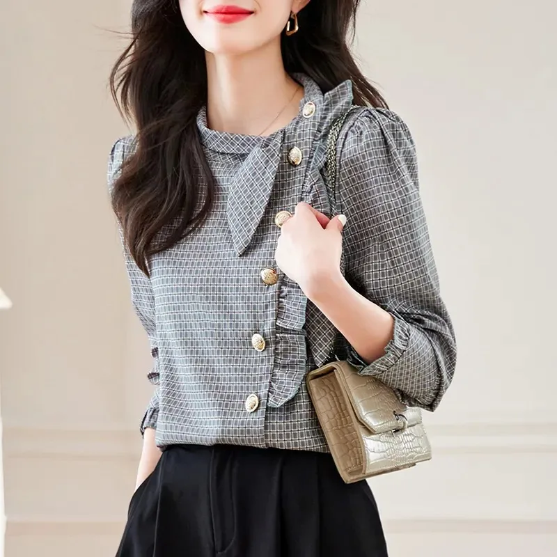 Women's Plaid Long Sleeve Blouse Ruffled Trim Gold Button Decor Stand Collar Puff Sleeve Casual Elegant Top Daily Wear