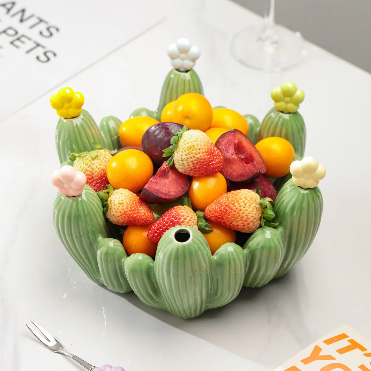 Cactus Style Large Capacity Fruit Platter High Temperature Fired Ceramics Stainless Steel Fruit Fork Dining Table Decoration